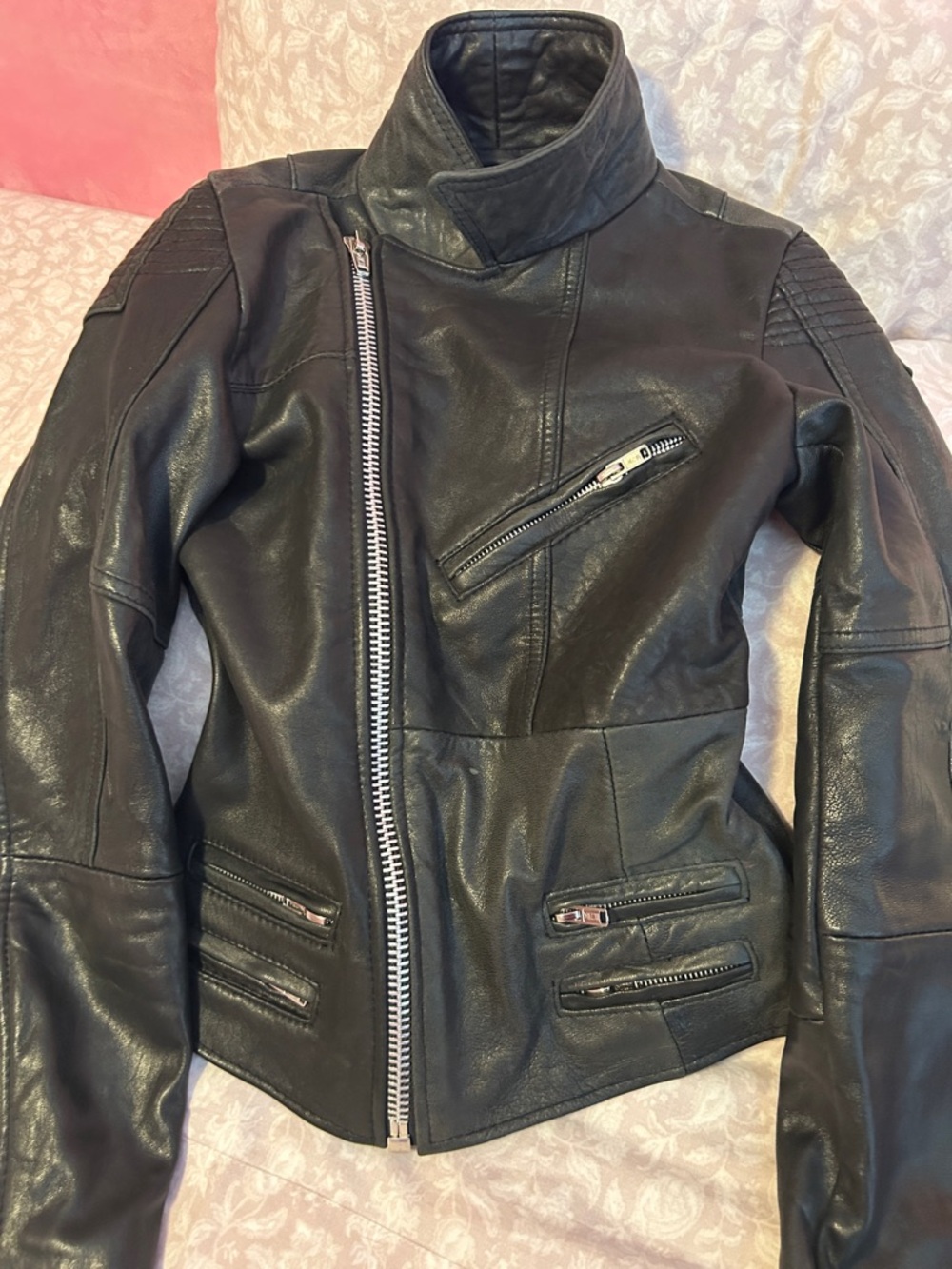 Vintage Black Leather Biker Jacket - Women's Asymmetric Zip